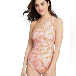 Kona Sol Pink Orange Floral One Shoulder One Piece Swimsuit Size Medium NWT